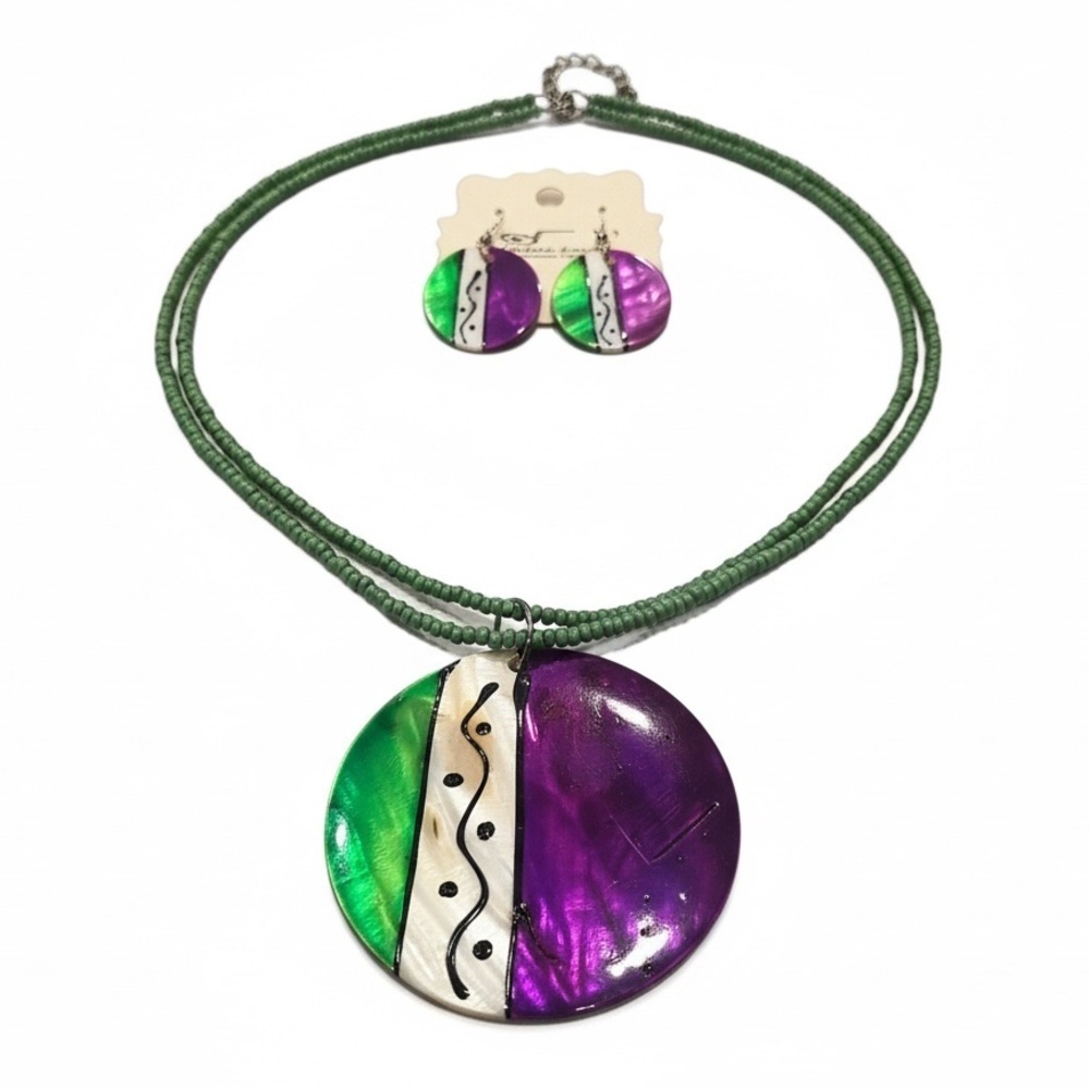 Multicolor Lacquered Shell Pendant Necklace & Earring Set | Green & Purple | NWT